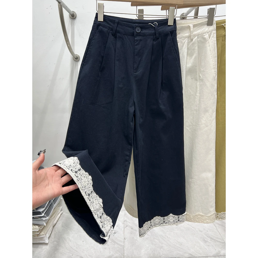2025春夏款新款设计感蕾丝拼接下摆阔腿直筒裤女休闲宽松长裤潮