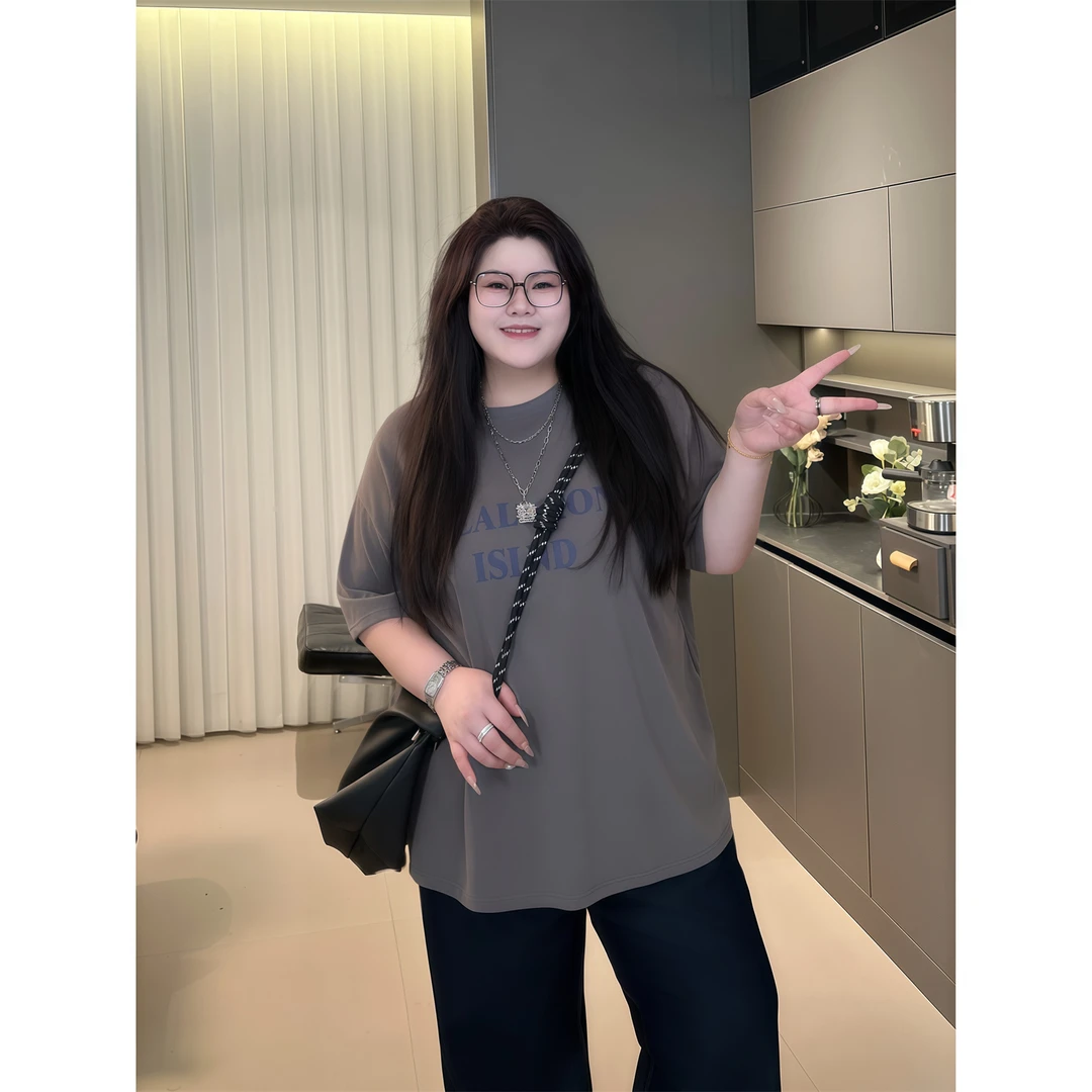 大码女装秋季百搭花契200斤胖mm索罗娜柔感调性宽版圆领T-4329-X