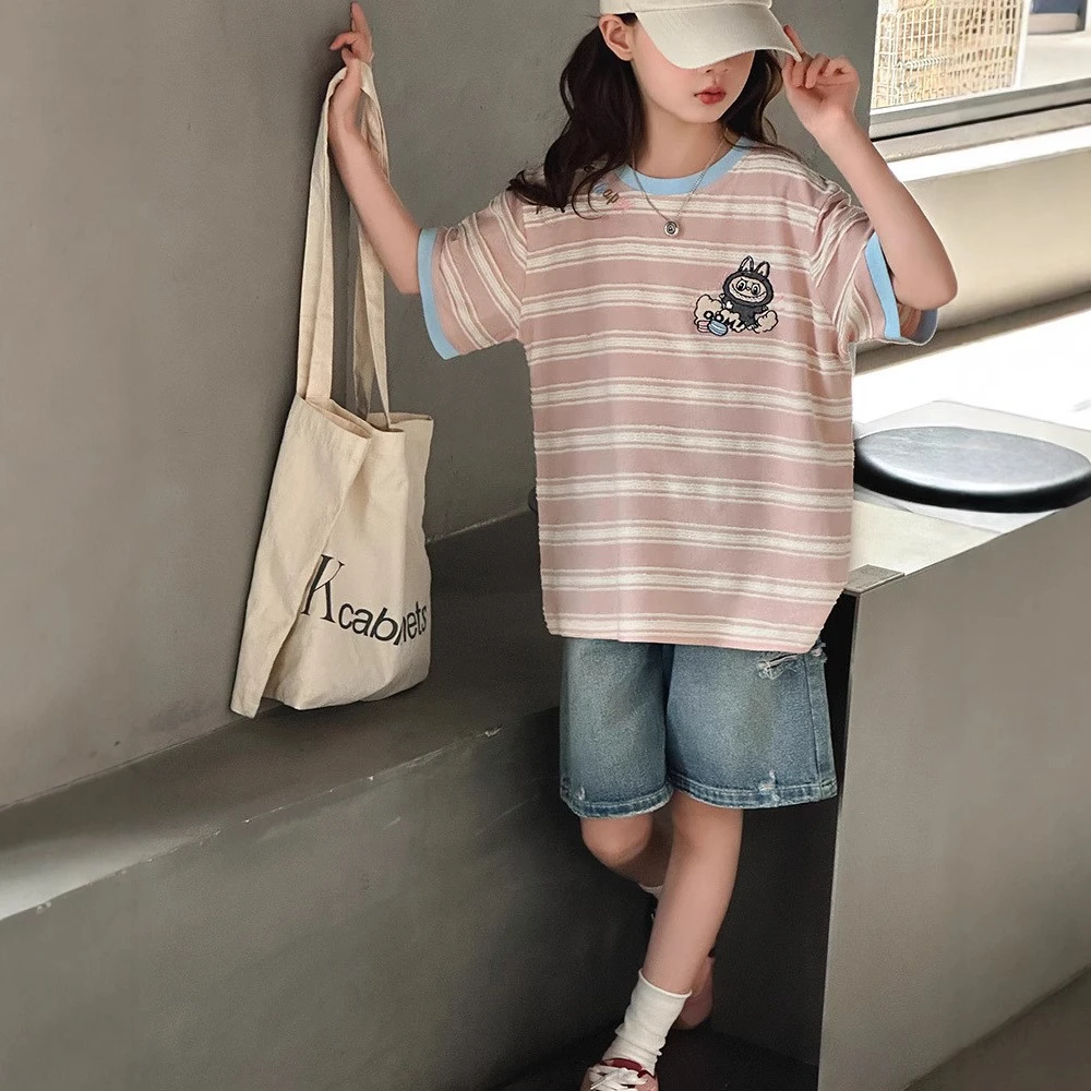 女童夏季纯棉短袖T恤6-12岁洋气时尚刺绣条纹15岁韩版牛仔短裤