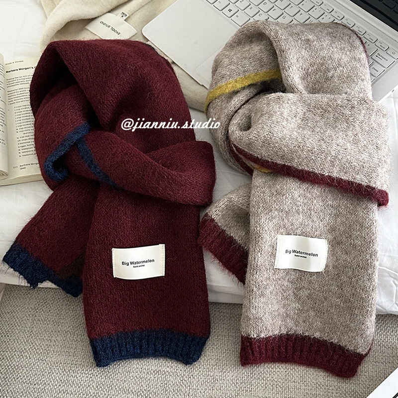 韩系高级感撞色针织围巾女2025秋冬新款时髦百搭加厚保暖护颈围脖