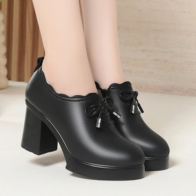 妈妈鞋子深口单鞋女春秋新款女鞋粗跟厚底防水台黑色中年女士皮鞋