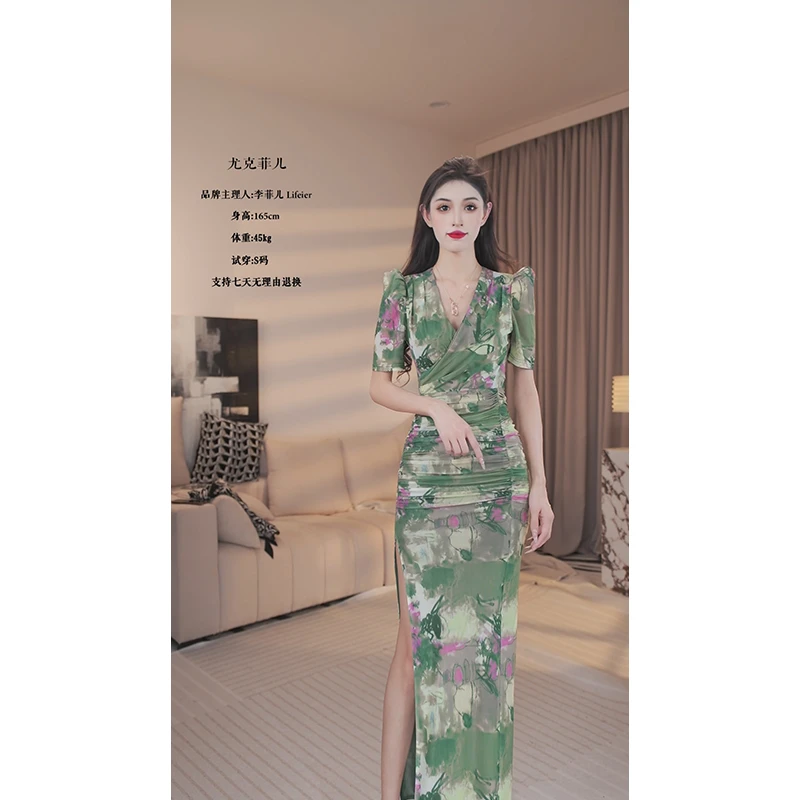 尤克菲儿原创高定设计网布印花修身气质优雅高腰连衣裙