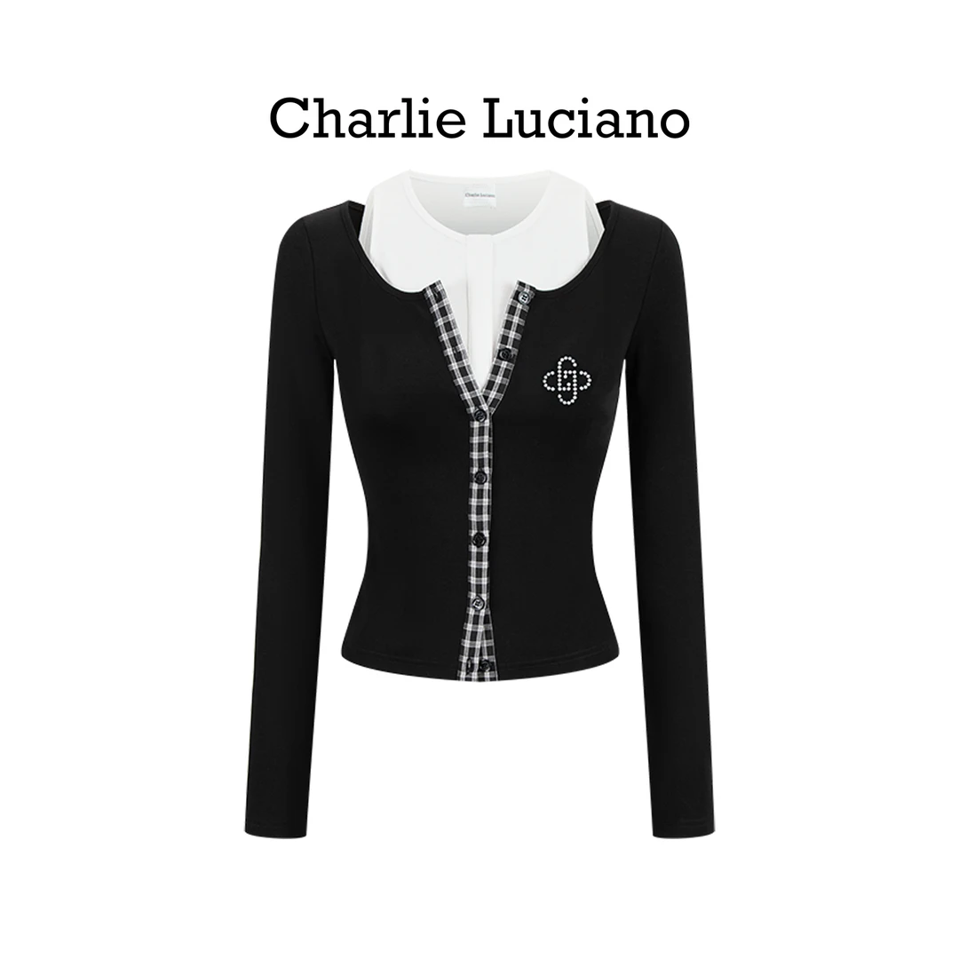 Charlie Luciano秋季毛针织衫刺绣气质拼接短款浪漫修身针织上衣