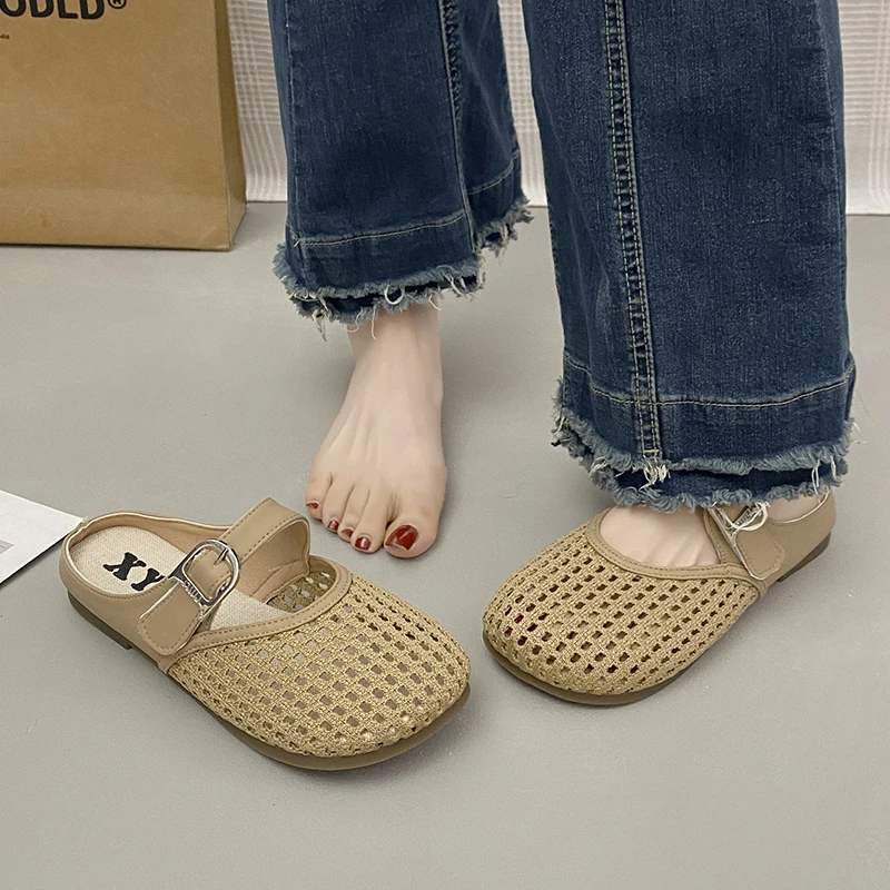 网面包头半拖鞋女夏季外穿2025新款平底镂空透气半托单鞋法式凉拖