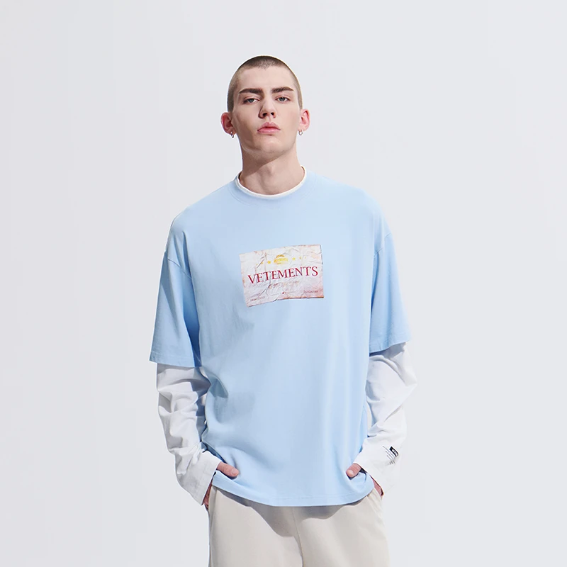 VETEMENTS字母拼接长袖做旧宽松男士T恤时尚百搭韩系 35550008