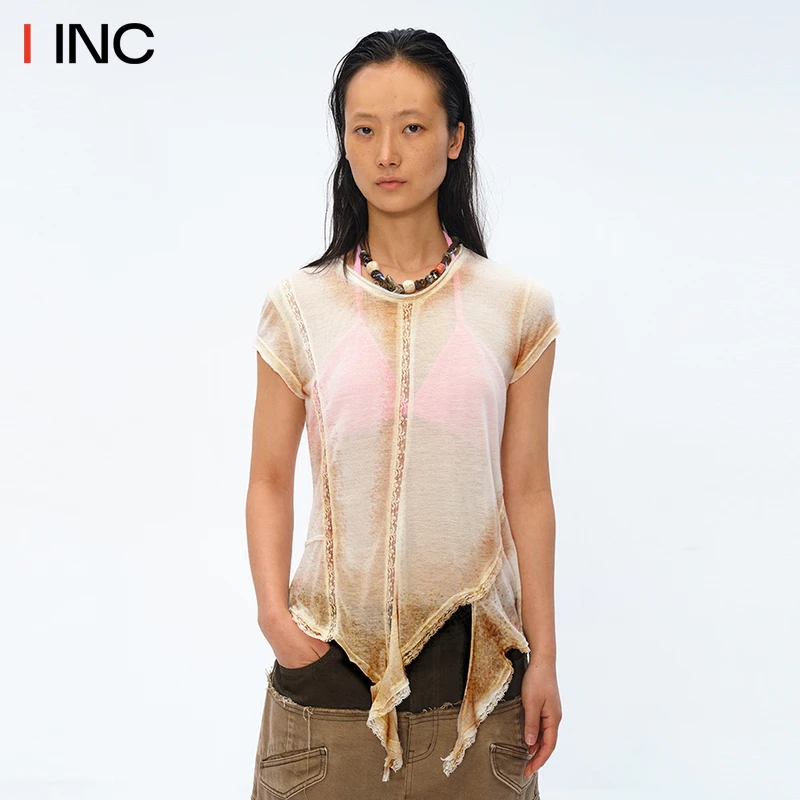 SQUARE CIRCLE方圆 25SS设计感喷染蕾丝拼接荷叶边流苏短袖T恤女