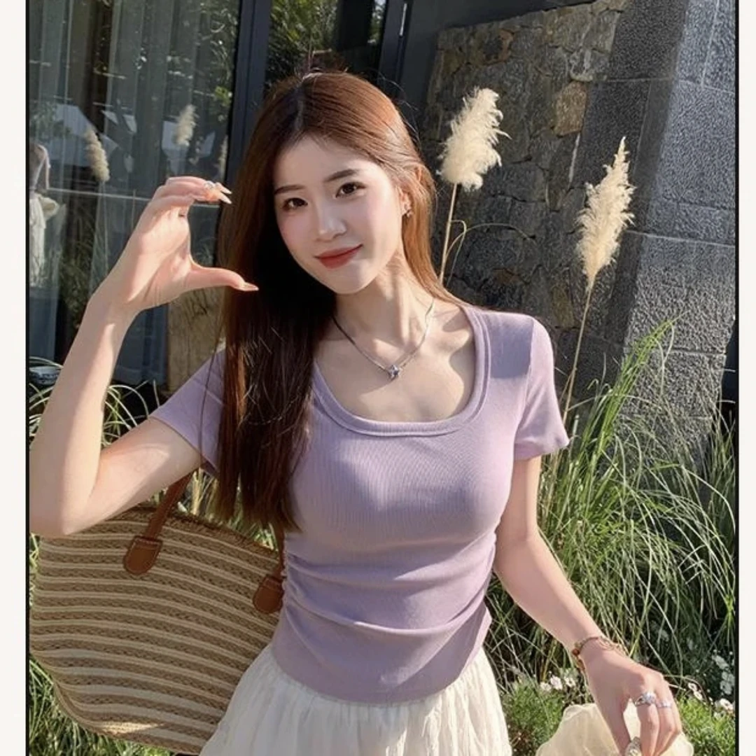 方领正肩短袖T恤修腰褶皱夏季新款小众高级感短款上衣女