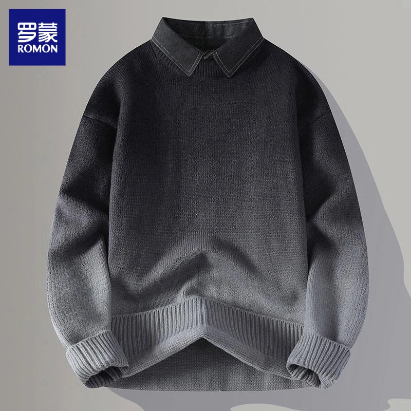 罗蒙高级感假两件针织衫男2024新款渐变衬衫领毛衣男保暖内搭线衣