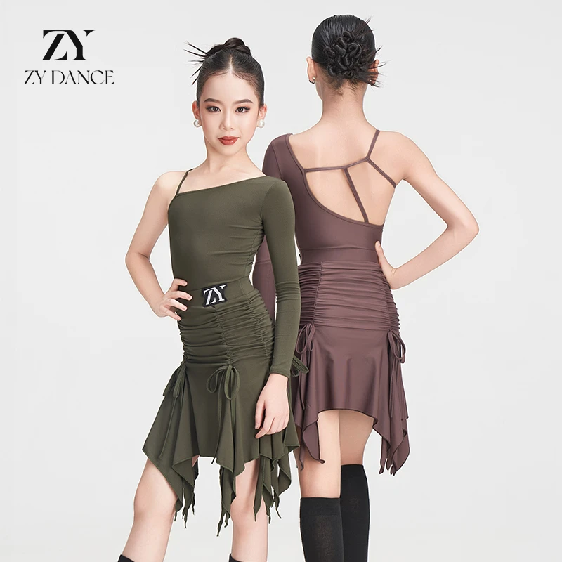 ZY DANCE秋冬新款少儿拉丁舞服女童练功服斜肩班服训练服分体套装