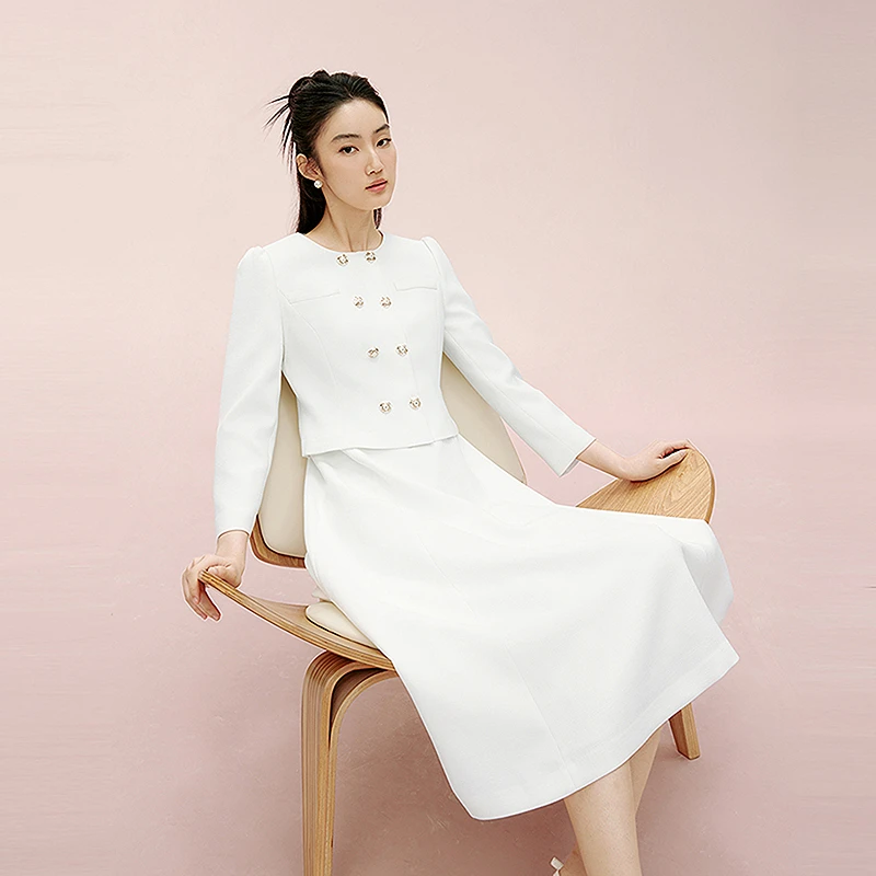 LIME/莱茵【经典艺韵】纯洁雅致伞摆假两件连衣裙白色LDGADBWOP806