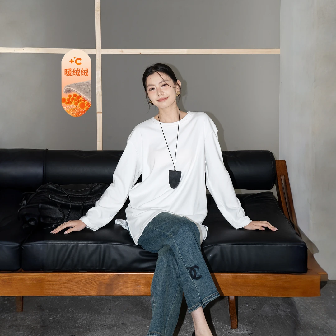 欧货白色精致内搭百搭鲨鱼裤单叠穿救星简约慵懒圆领打底长袖T恤