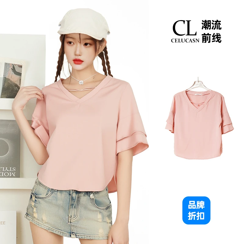 春AJF3D00#夏季薄款慵懒风宽松短袖V领正肩t恤百搭宽松上衣秋