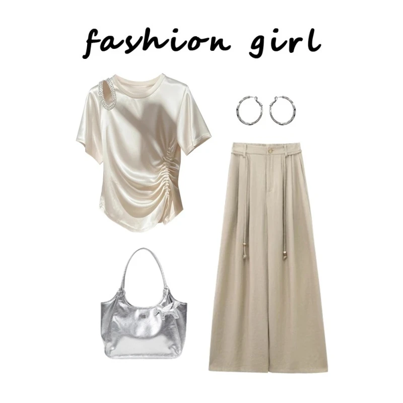 香槟色短袖T恤女2025新款夏高级感超好看独特燕麦色裤子百搭套装