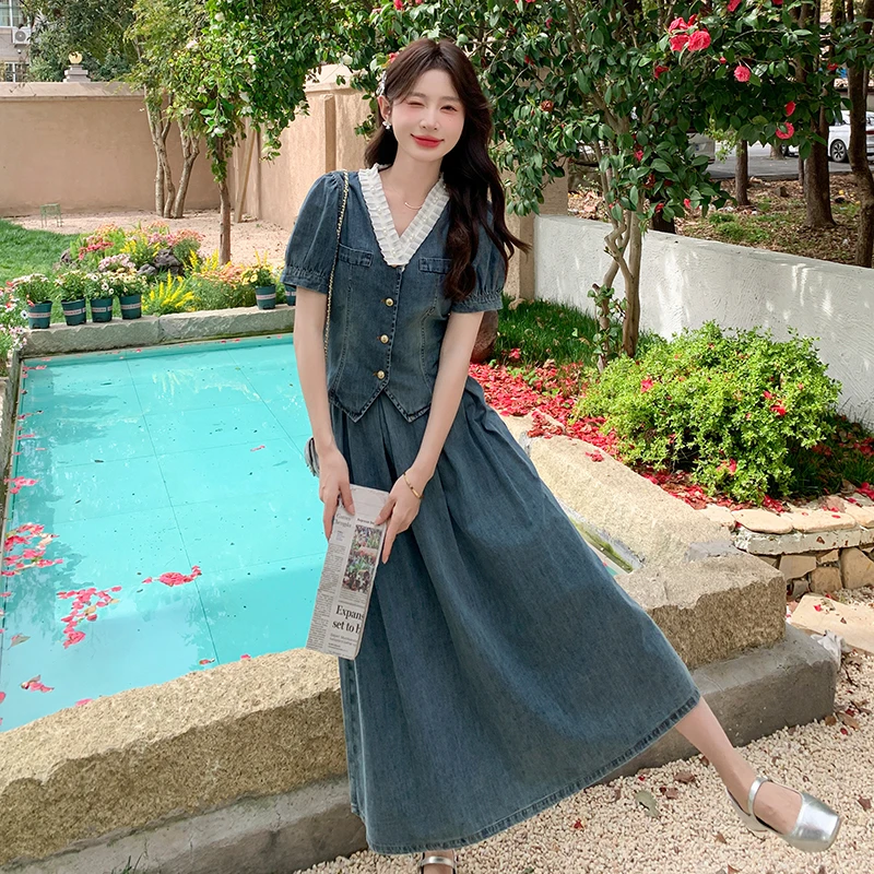 蓝色炸街时尚牛仔套装裙女夏季2025新款韩版V领上衣半身裙两件套