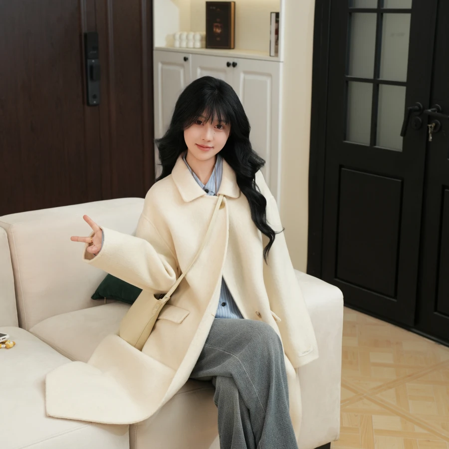 伊迪卡韩版手缝气质双面羊毛大衣女中长款连帽网红百搭春秋冬季