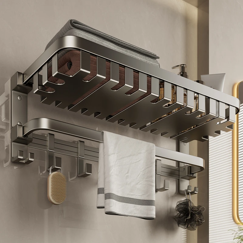【新款】免打孔毛巾架卫生间置物架壁挂式加厚浴室太空铝浴巾架卫浴