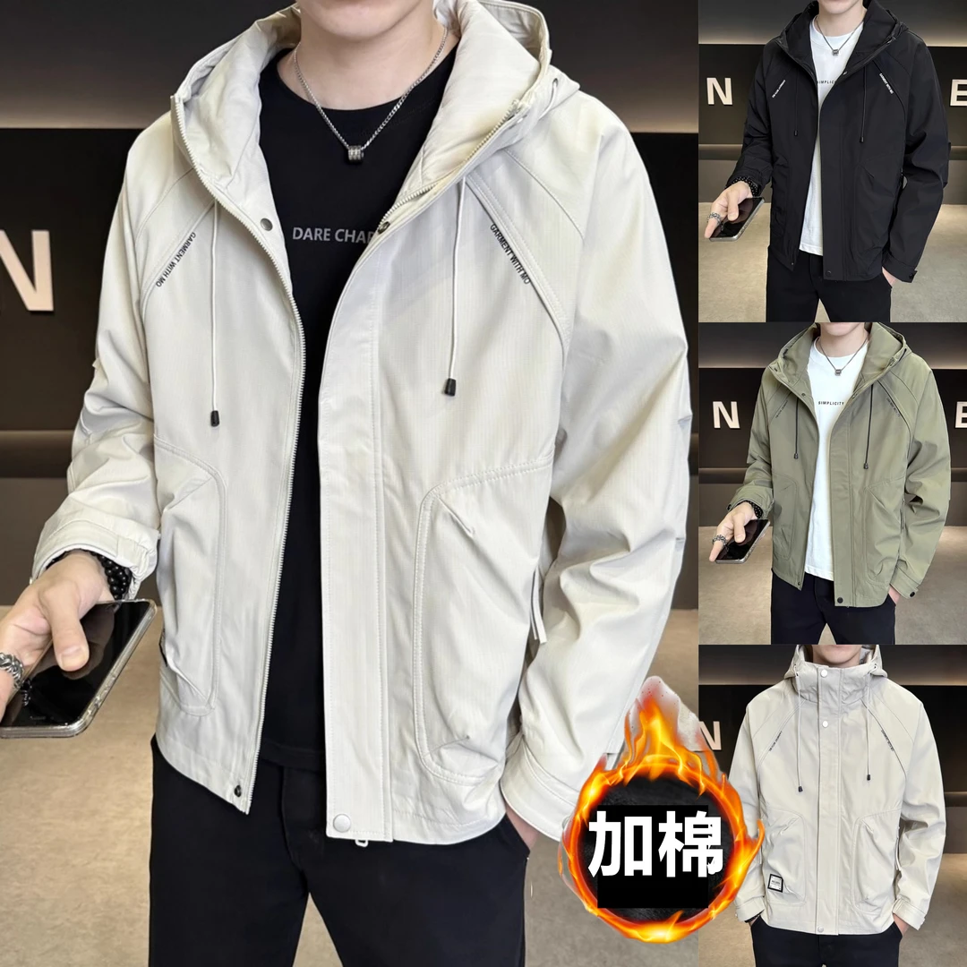 夹棉冲锋衣二棉连帽外套韩版防风夹克外套秋冬男士休闲百搭夹克