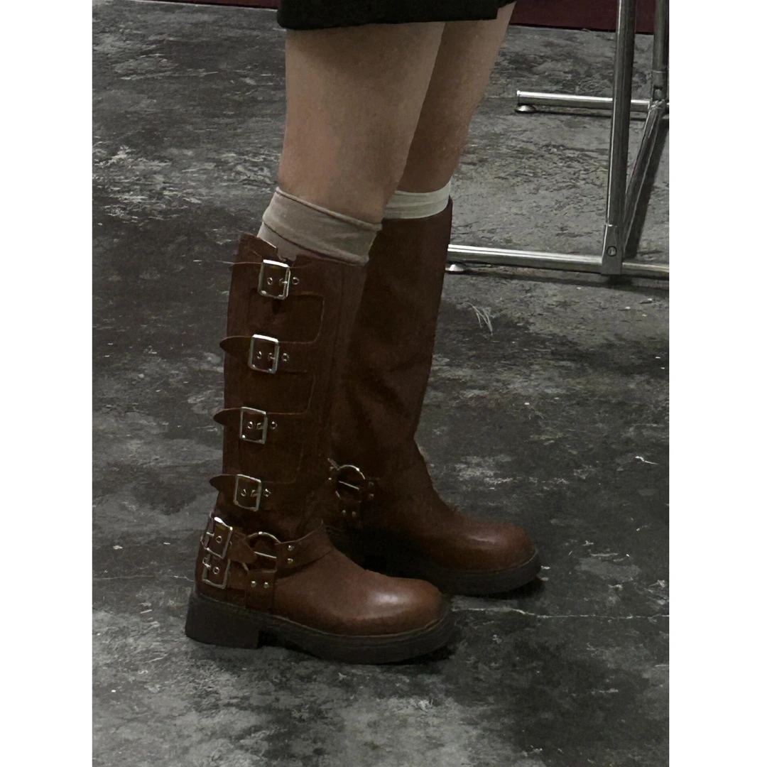 【万达撤柜】女童长筒靴秋冬2025新款棕色西部牛仔长靴女高跟筒靴