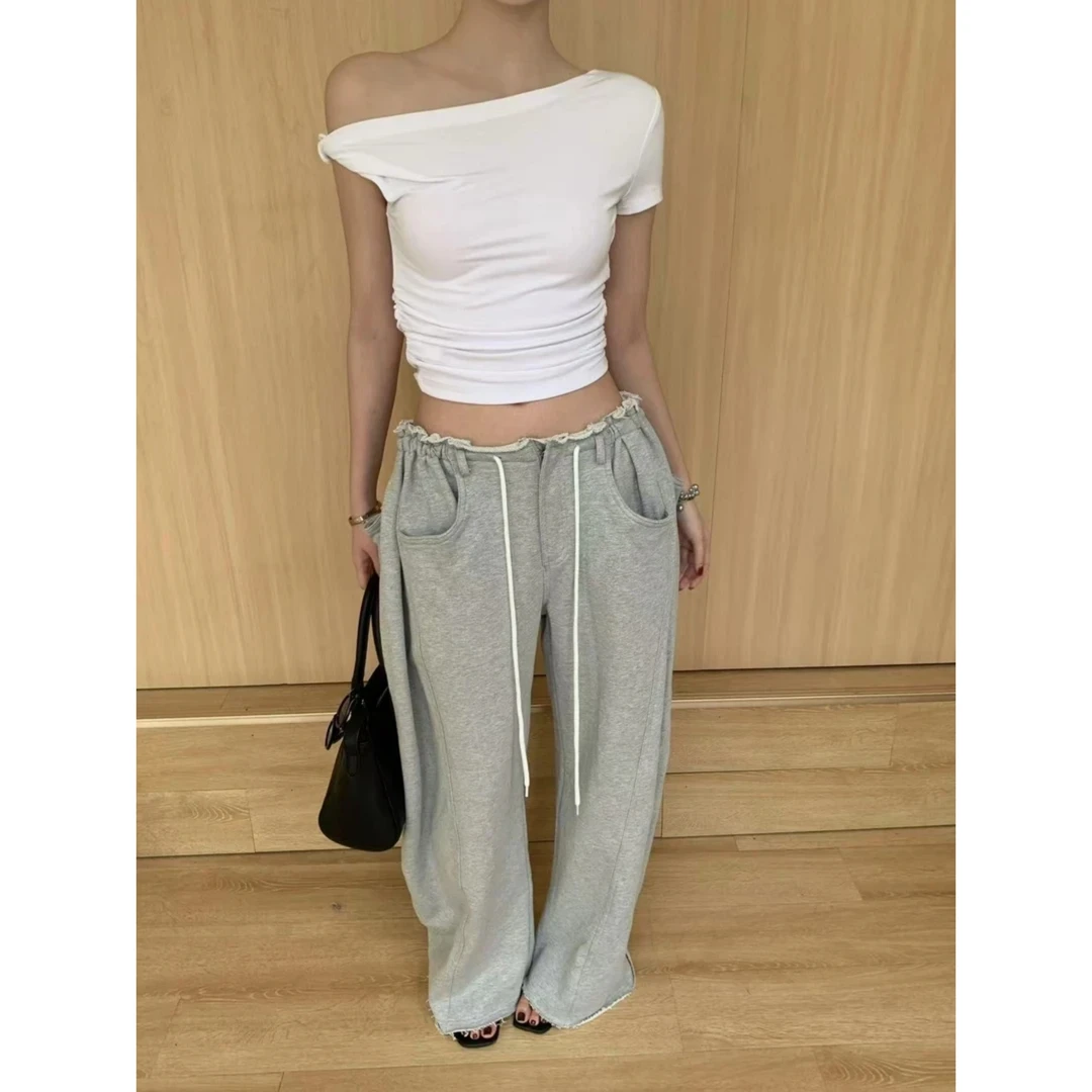 秋季灰色抽绳卫裤美式个性垂感高腰宽松阔腿裤休闲直筒长裤女裤子