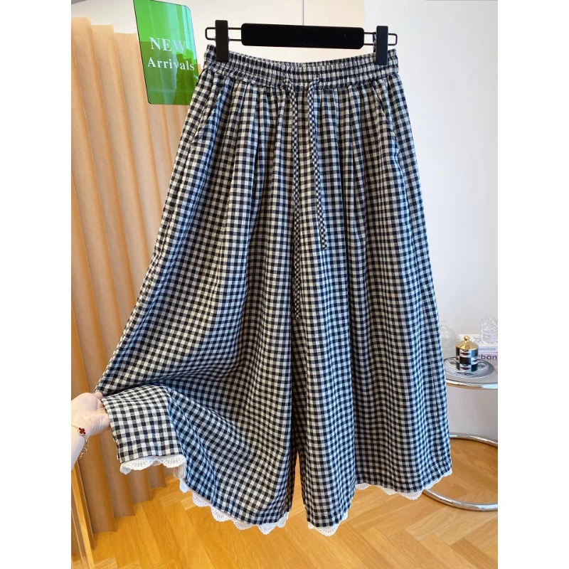 大码女装黑白格子大裤脚休闲裤夏2025新款胖MM宽松九分阔腿裤裤裙