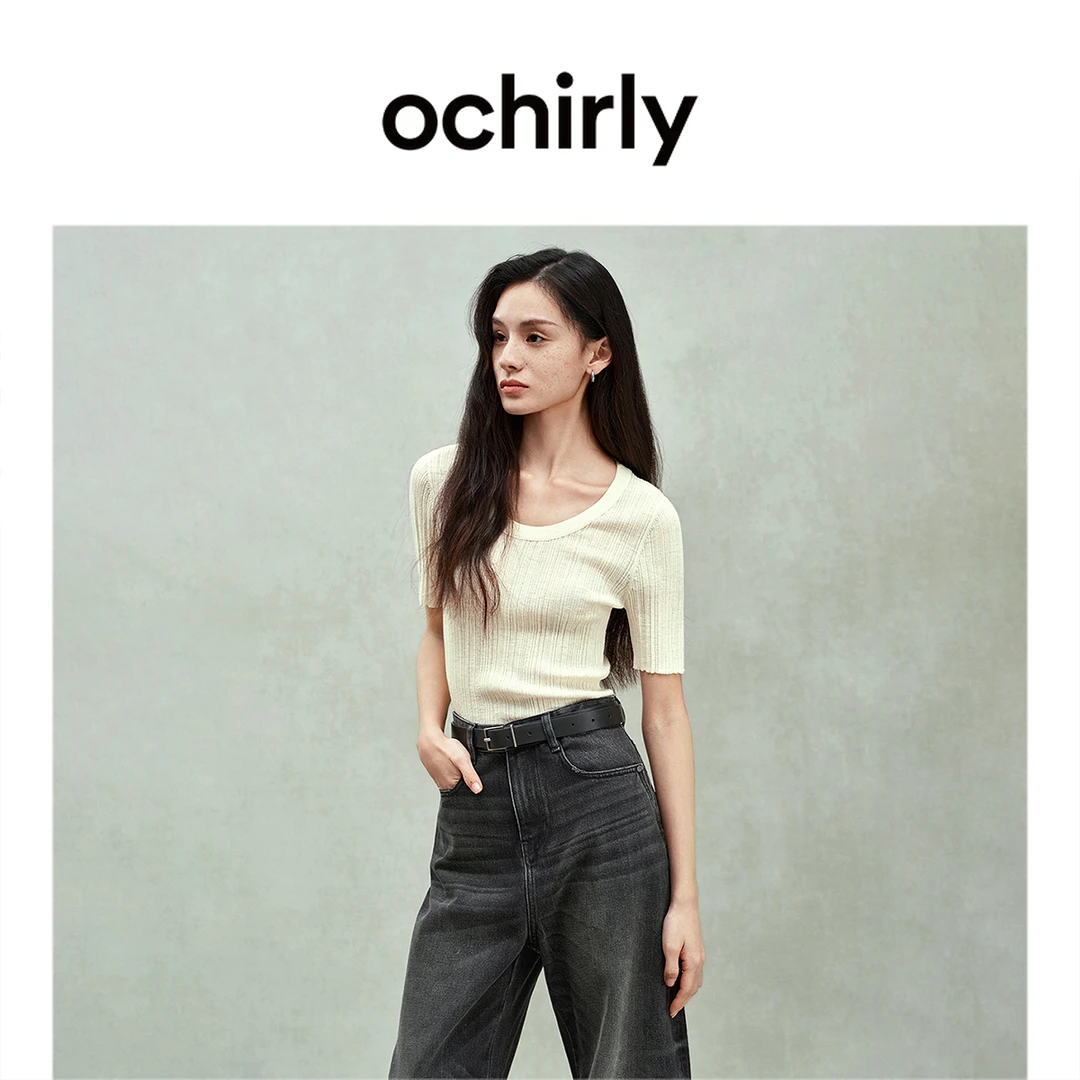 OCHIRLY欧时力 100%羊毛坑条短袖针织毛衣上衣2025夏季新款流光风