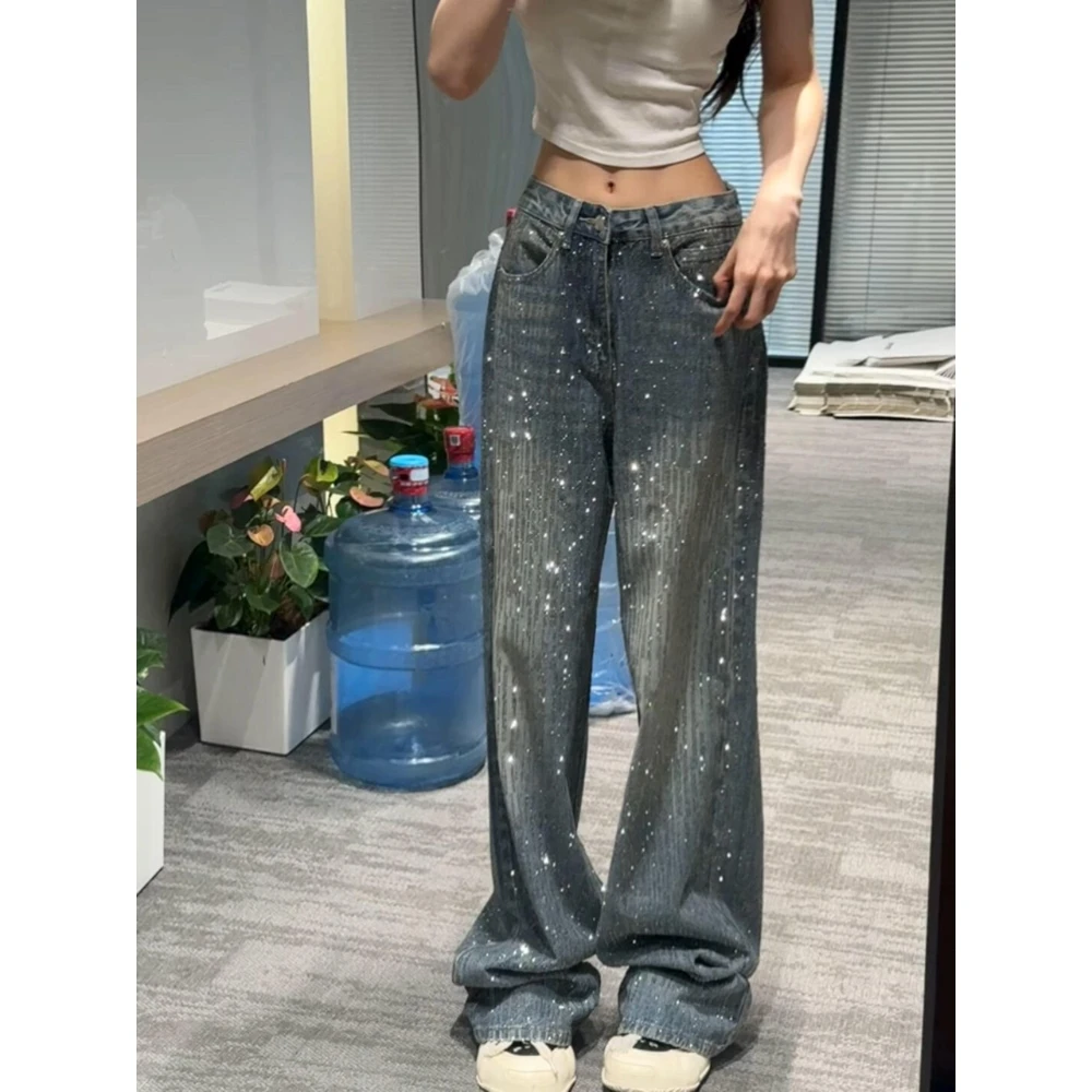 【破价+运费险】满天星河烫钻阔腿牛仔裤女高腰显瘦高级感拖地裤