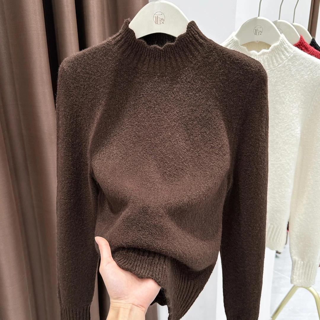 咖啡色软糯针织衫花边t恤2026新款小个子宽松外穿保暖长袖上衣女