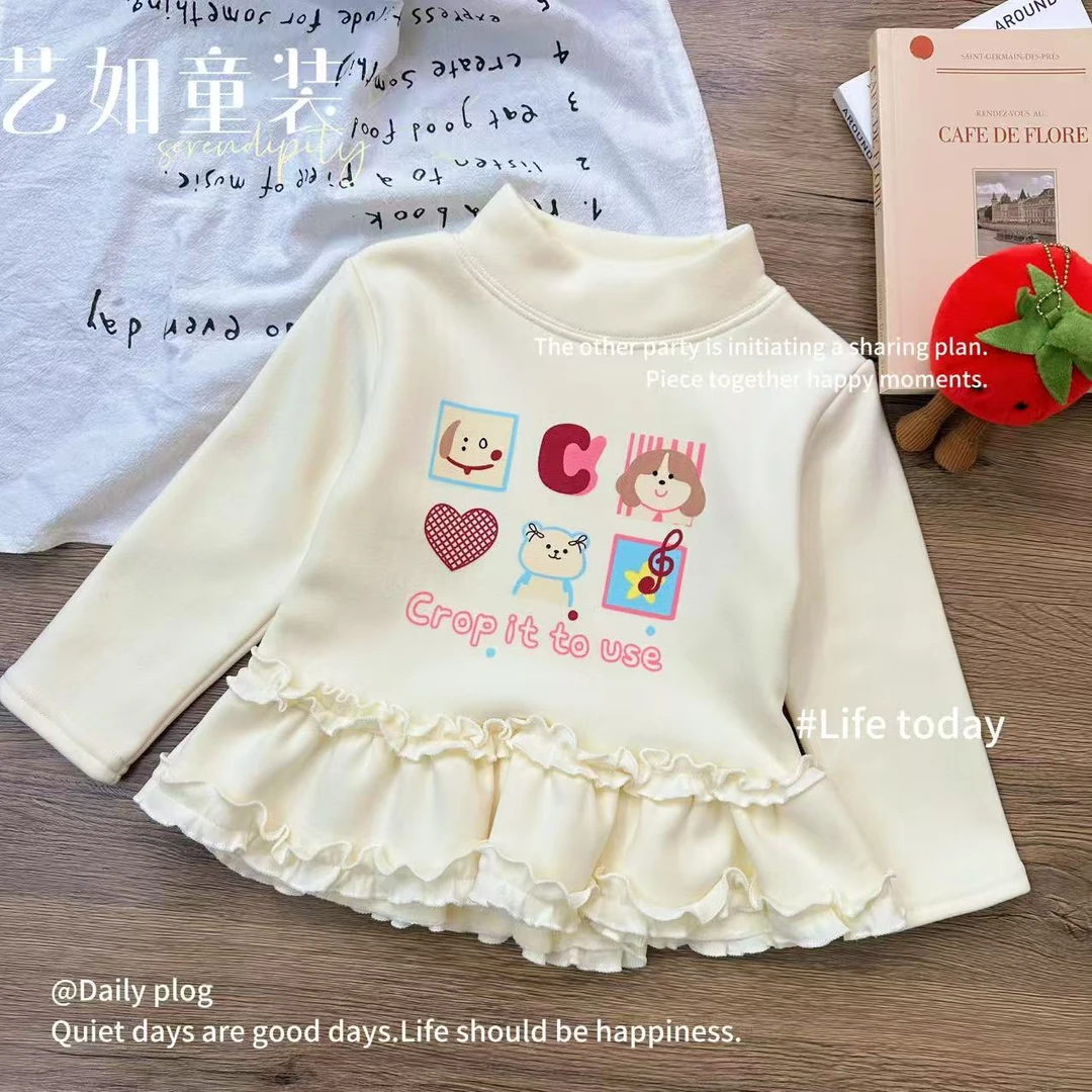【雪松密莹】2025冬季上新韩系女童卡通半高领花边百搭打底衫D-H716