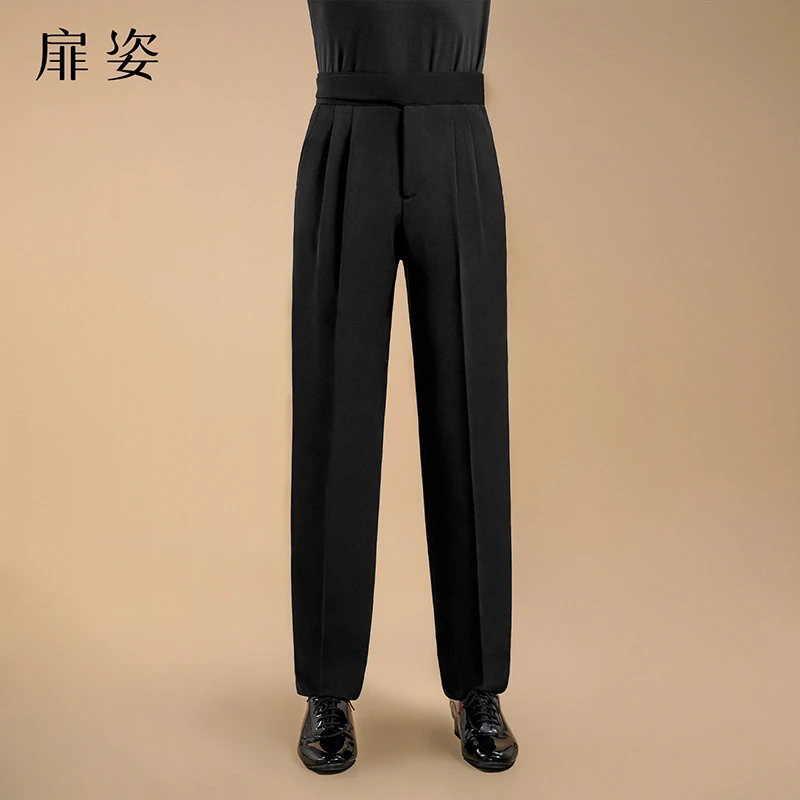 扉姿 男士舞裤舞蹈裤拉丁舞摩登裤交谊舞裤黑色国标舞口袋裤F6007