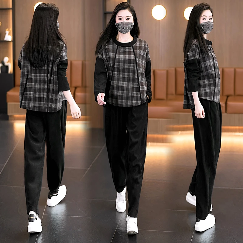 2025秋季新款时尚洋气宽松休闲套装显瘦遮肉大码气质拼接两件套女