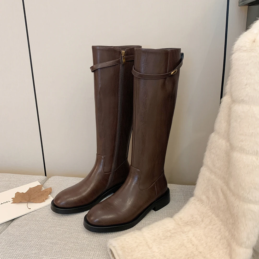 【STAR】（独家面料）英伦风复古简约金属扣显瘦直筒骑士靴3.5