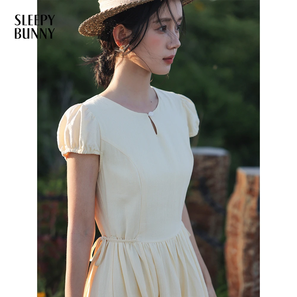 瞌睡兔【童话集】法式圆领短袖连衣裙女夏季莱赛尔黄色长裙2551859
