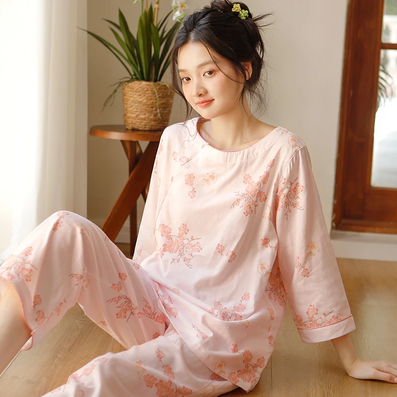 【锦韵花照】春夏纯棉女士睡衣圆领套头新中式薄款七分袖九分裤套装