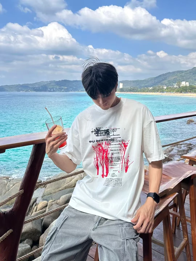 美式休闲短袖日常宽松型夏季T恤男装黑色运动半袖圆领