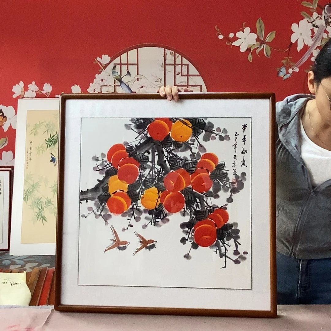 国画手写手绘国画作品带框包邮62✖️62