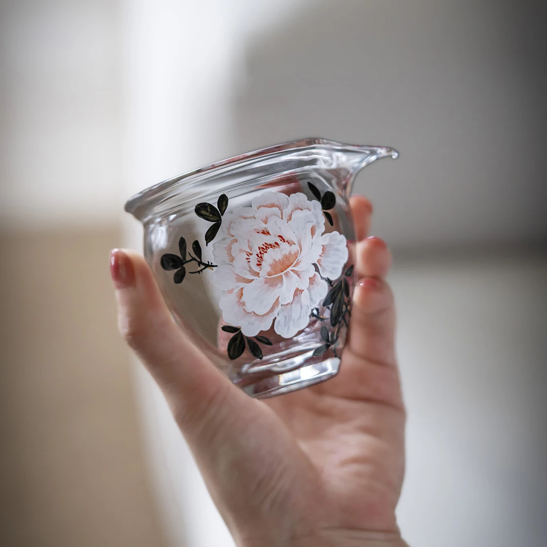 手绘牡丹玻璃公道杯耐高温高硼硅家用分茶器不烫手功夫茶具匀茶杯