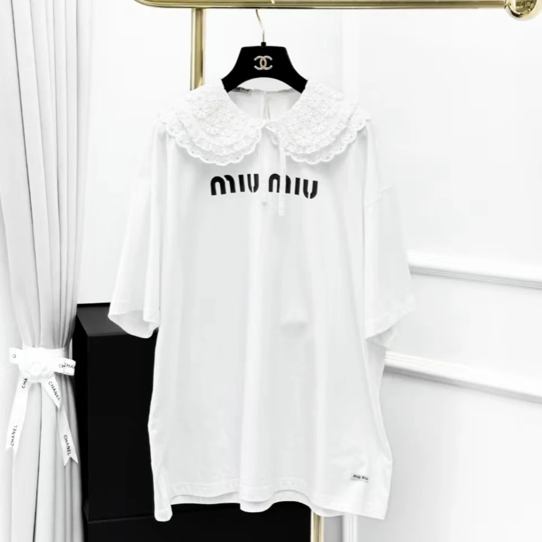99新 MIU MIU/缪缪 积分-100汤/P215360883/蕾丝花边领字母T恤