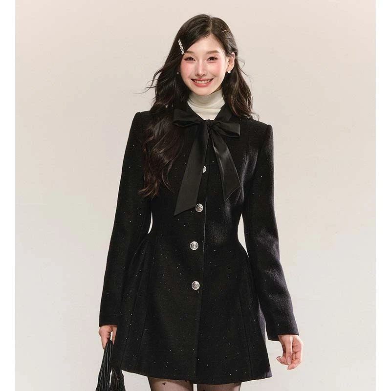 【有里布】蝴蝶结小香风连衣裙外套版春秋收腰显瘦气质连衣裙LJ0106