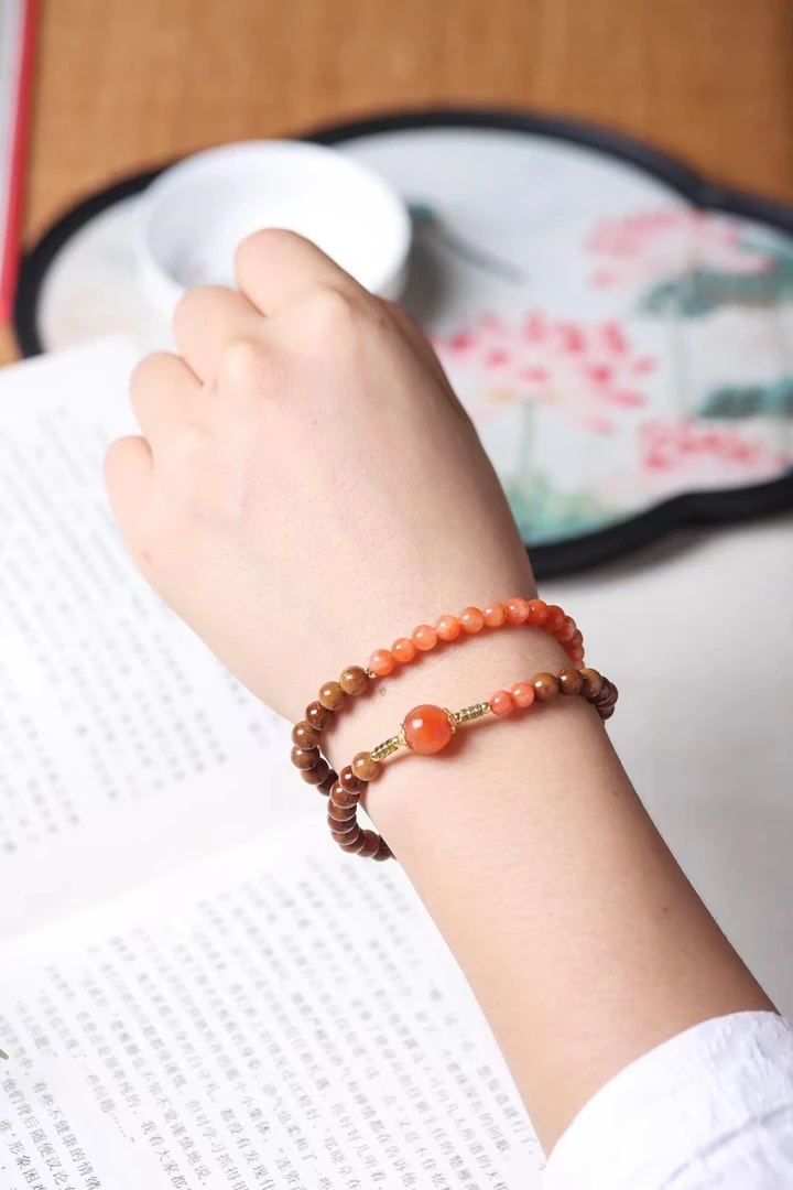 库克菩提木带宝南红手串双圈女款6mm手链原创diy时尚珠串百搭饰品