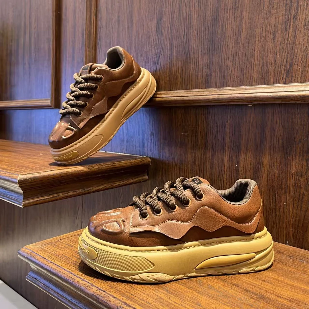 男鞋2025复古巴恩风秋冬季厚底时尚皮革百搭休闲鞋潮流低帮男鞋子