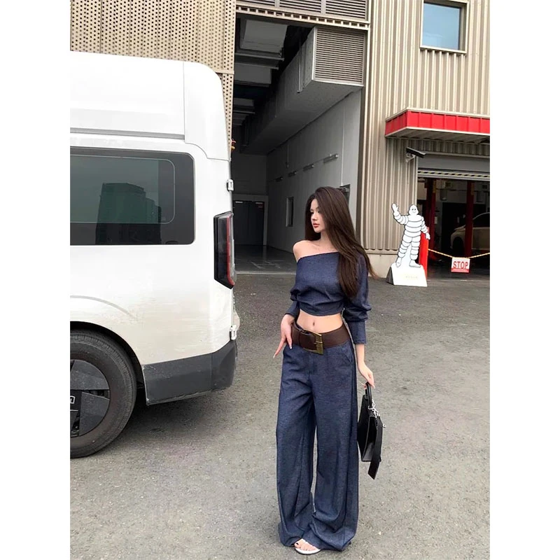 美式复古新款休闲百搭时尚短款斜肩长袖上衣高腰修身显瘦阔腿裤女