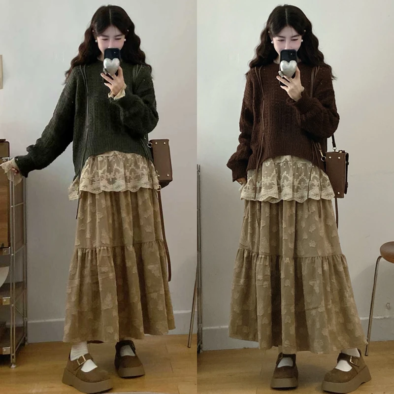 大码胖mm秋季新款韩版宽松日系套头长袖针织衫半身裙三件套装女