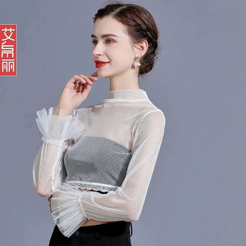 短款网纱喇叭袖t恤女薄款新款吊带裙内搭蕾丝打底衫洋气薄款女