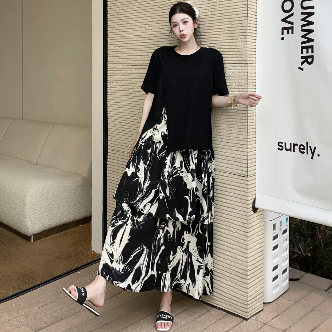 现货 2025夏新款/正肩宽松假两件设计感拼接水墨长款小黑裙女