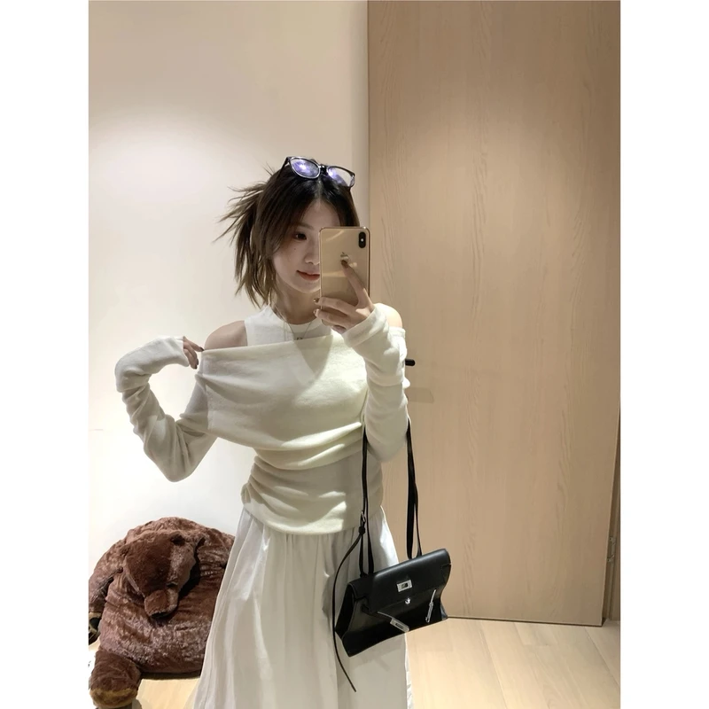 韩系小心机纯欲一字肩两件套针织上衣女2025早春气质修身露肩T恤