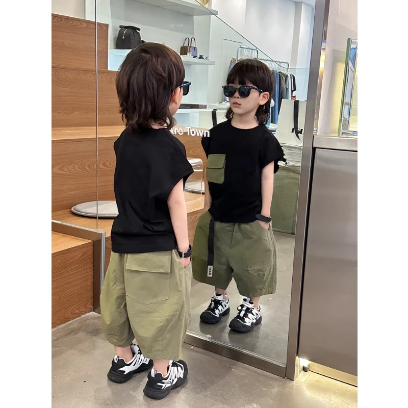 初中生男孩套装潮帅气时髦夏季痞帅男童背心夏装儿童男装裤子童装