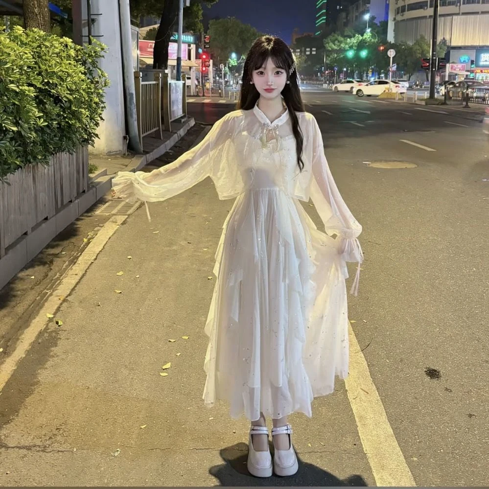 2024夏季新中式古风防晒披肩+不规则细闪亮片吊带裙时尚两件套女