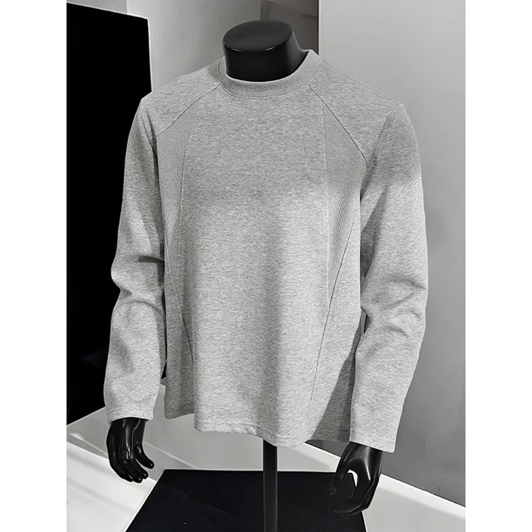 灰色小领口长袖T恤男款美式重磅cleanfit卫衣拼接解构休闲上衣