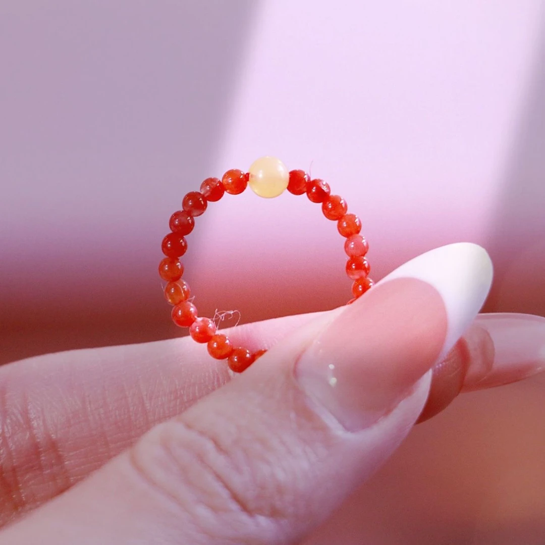 保山南红小米珠戒指手串天然手做DIY镶嵌蜜蜡小众轻奢情侣中国红