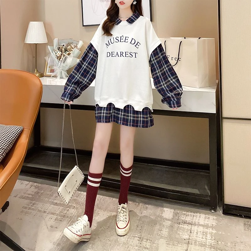 宽松学院风洋气大码Polo领长袖女款上衣假两件秋冬格子衬衫设计